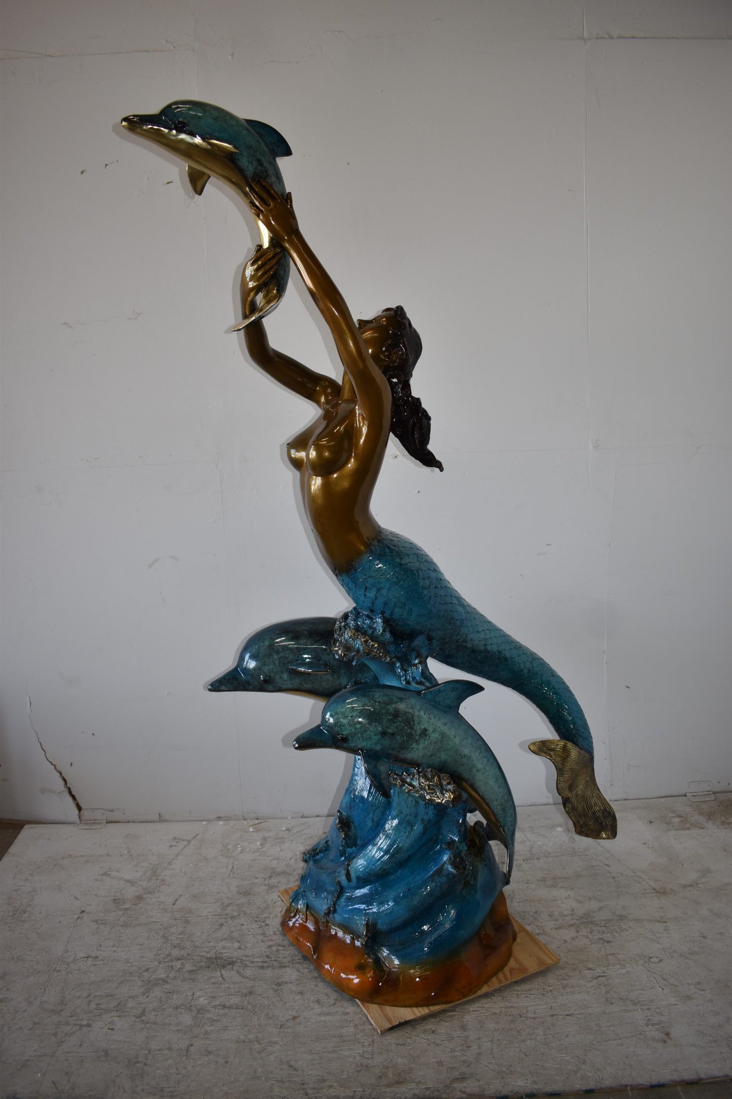 Mermaid W Three Dolphins Fountain Enameled Bronze Statue Size: 34" x 41" x 83"H