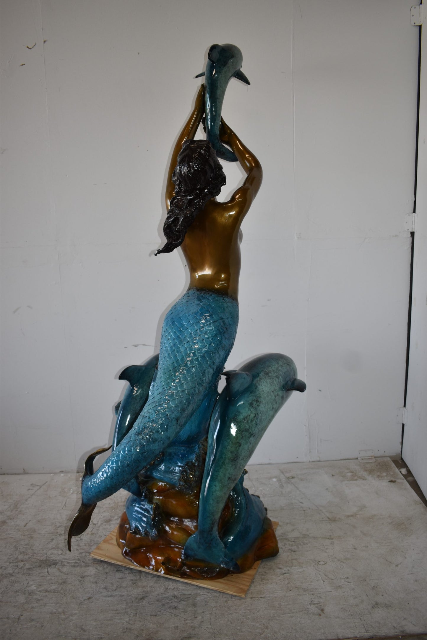 Mermaid W Three Dolphins Fountain Enameled Bronze Statue Size: 34" x 41" x 83"H