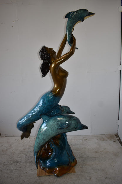 Mermaid W Three Dolphins Fountain Enameled Bronze Statue Size: 34" x 41" x 83"H