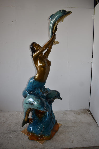 Mermaid W Three Dolphins Fountain Enameled Bronze Statue Size: 34" x 41" x 83"H