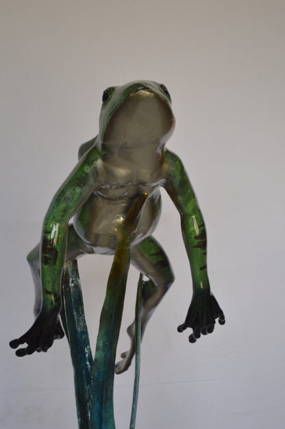 Large Frog Jumping Up Bronze Statue on a  Marble  -  Size: 30"L x 14"W x 34"H.