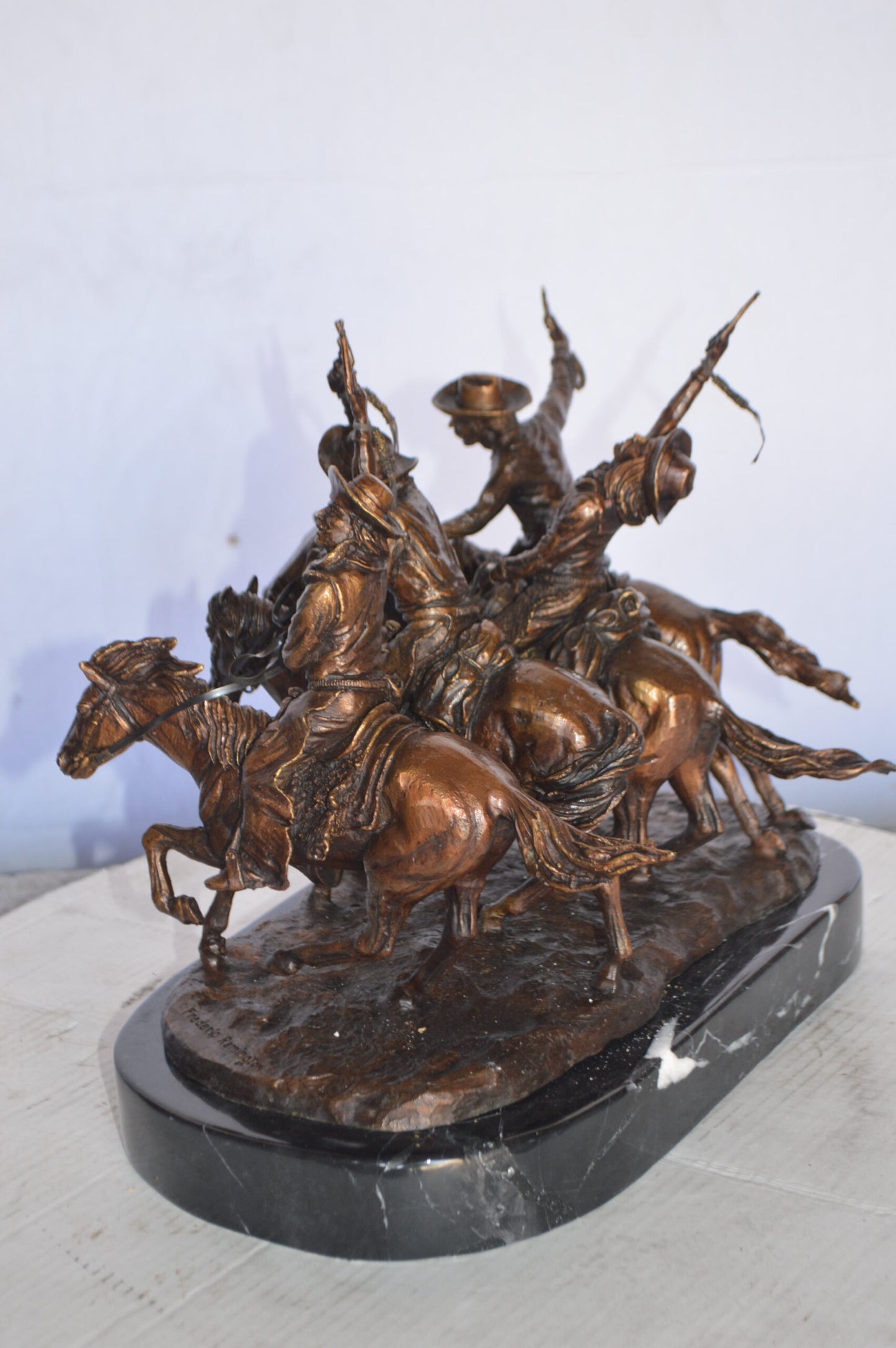 Coming Thru The Rye Small Remington Replica - Orrville Marble Base Bronze Statue, 14"L x 9"W x 13"H