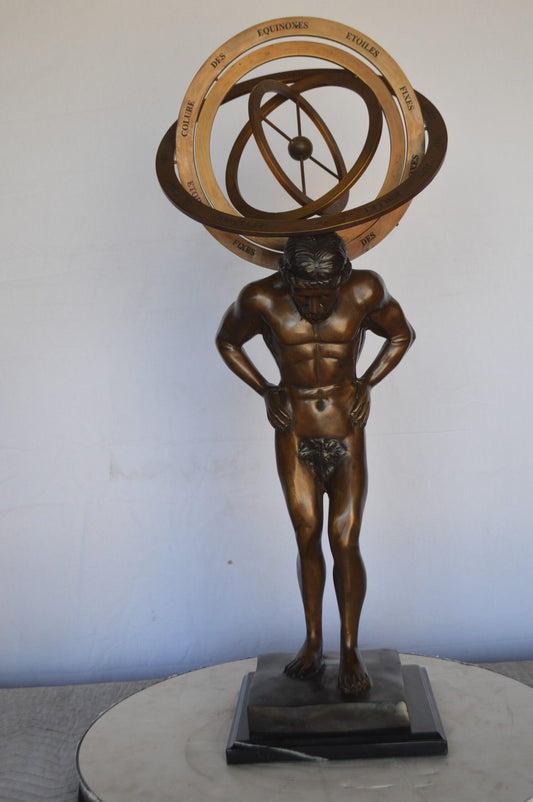 Man with Sundial on his Back Bronze Statue -  Size: 14"L x 12"W x 35"H.