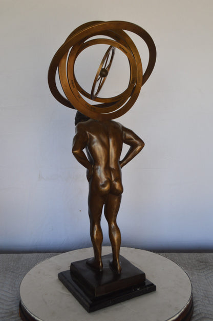 Man with Sundial on his Back Bronze Statue -  Size: 14"L x 12"W x 35"H.