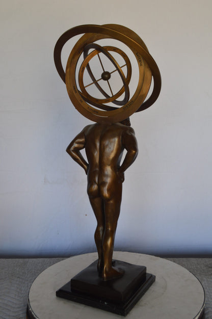 Man with Sundial on his Back Bronze Statue -  Size: 14"L x 12"W x 35"H.