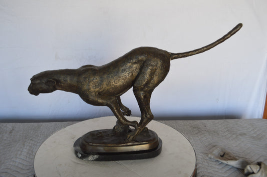 Cheetah Running Bronze Statue on a Marble Base -  Size: 30"L x 9"W x 19"H.