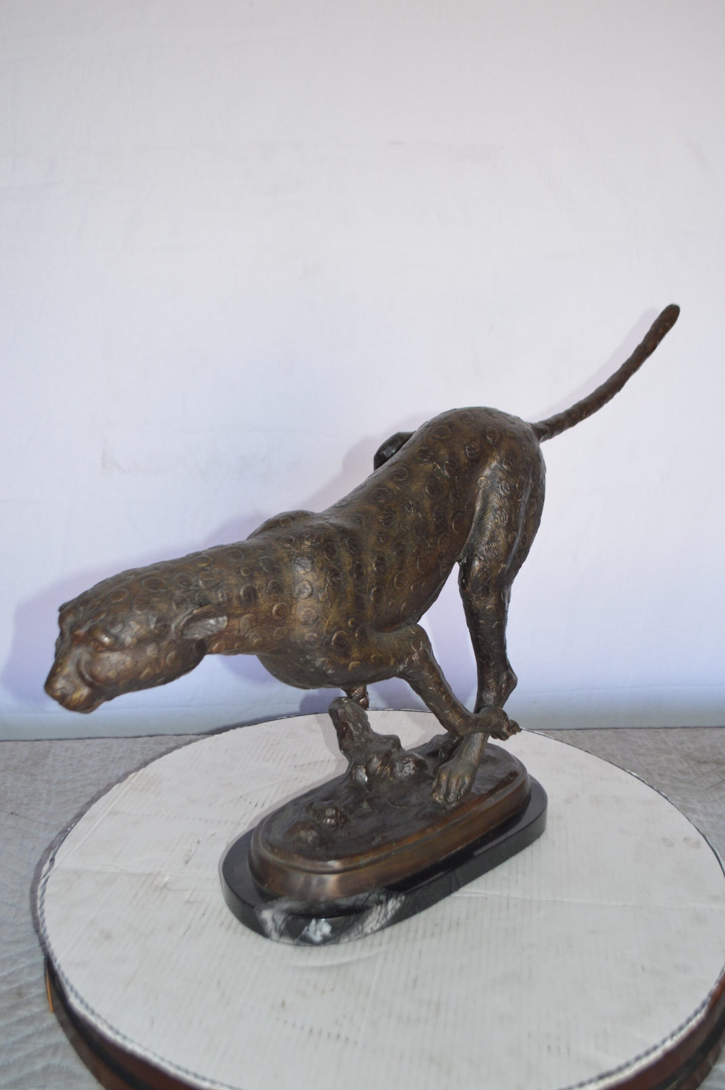 Cheetah Running Bronze Statue on a Marble Base -  Size: 30"L x 9"W x 19"H.