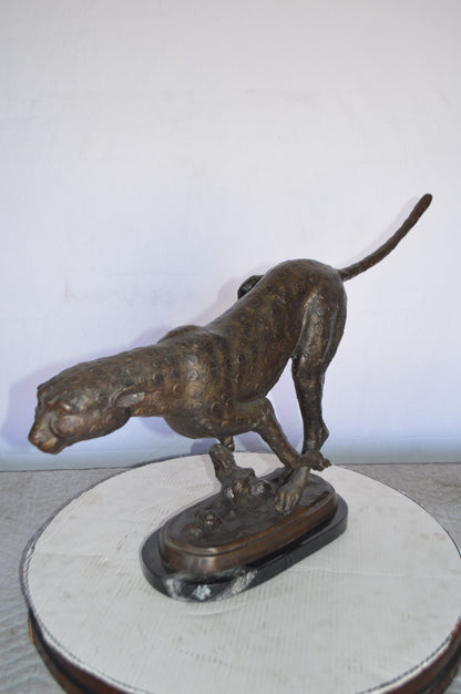 Cheetah Running Bronze Statue on a Marble Base -  Size: 30"L x 9"W x 19"H.