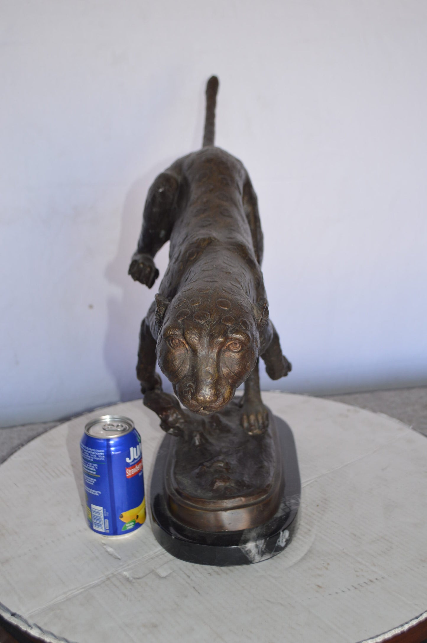 Cheetah Running Bronze Statue on a Marble Base -  Size: 30"L x 9"W x 19"H.