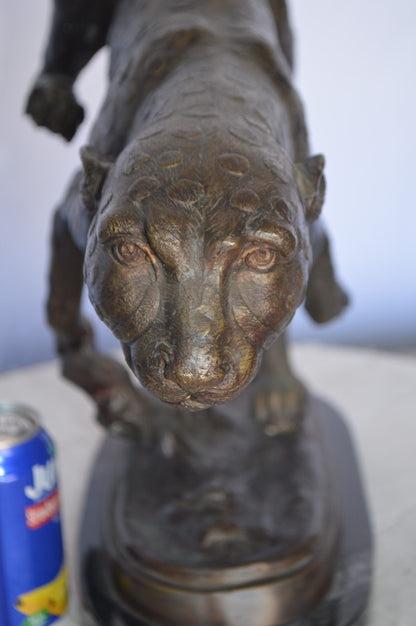 Cheetah Running Bronze Statue on a Marble Base -  Size: 30"L x 9"W x 19"H.