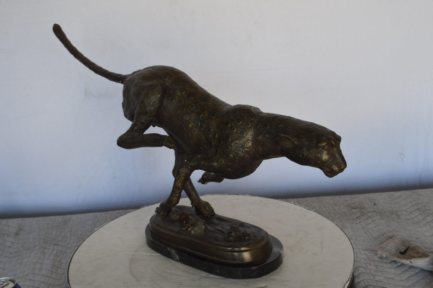 Cheetah Running Bronze Statue on a Marble Base -  Size: 30"L x 9"W x 19"H.