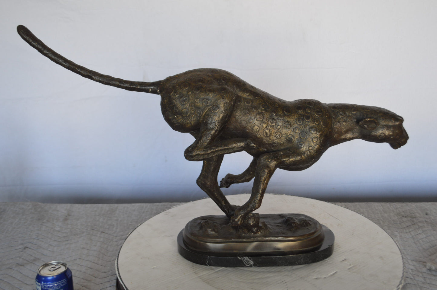 Cheetah Running Bronze Statue on a Marble Base -  Size: 30"L x 9"W x 19"H.