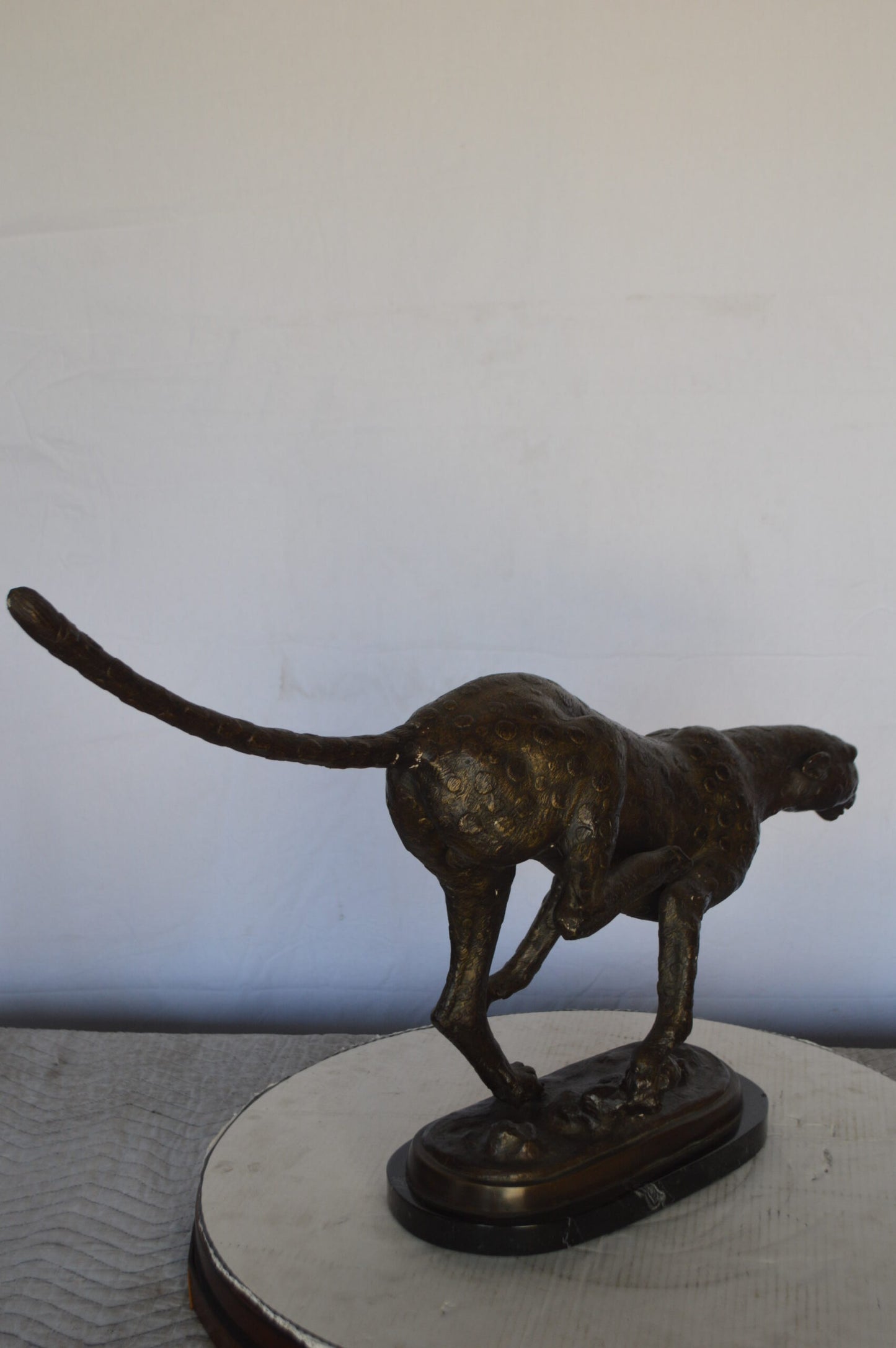 Cheetah Running Bronze Statue on a Marble Base -  Size: 30"L x 9"W x 19"H.