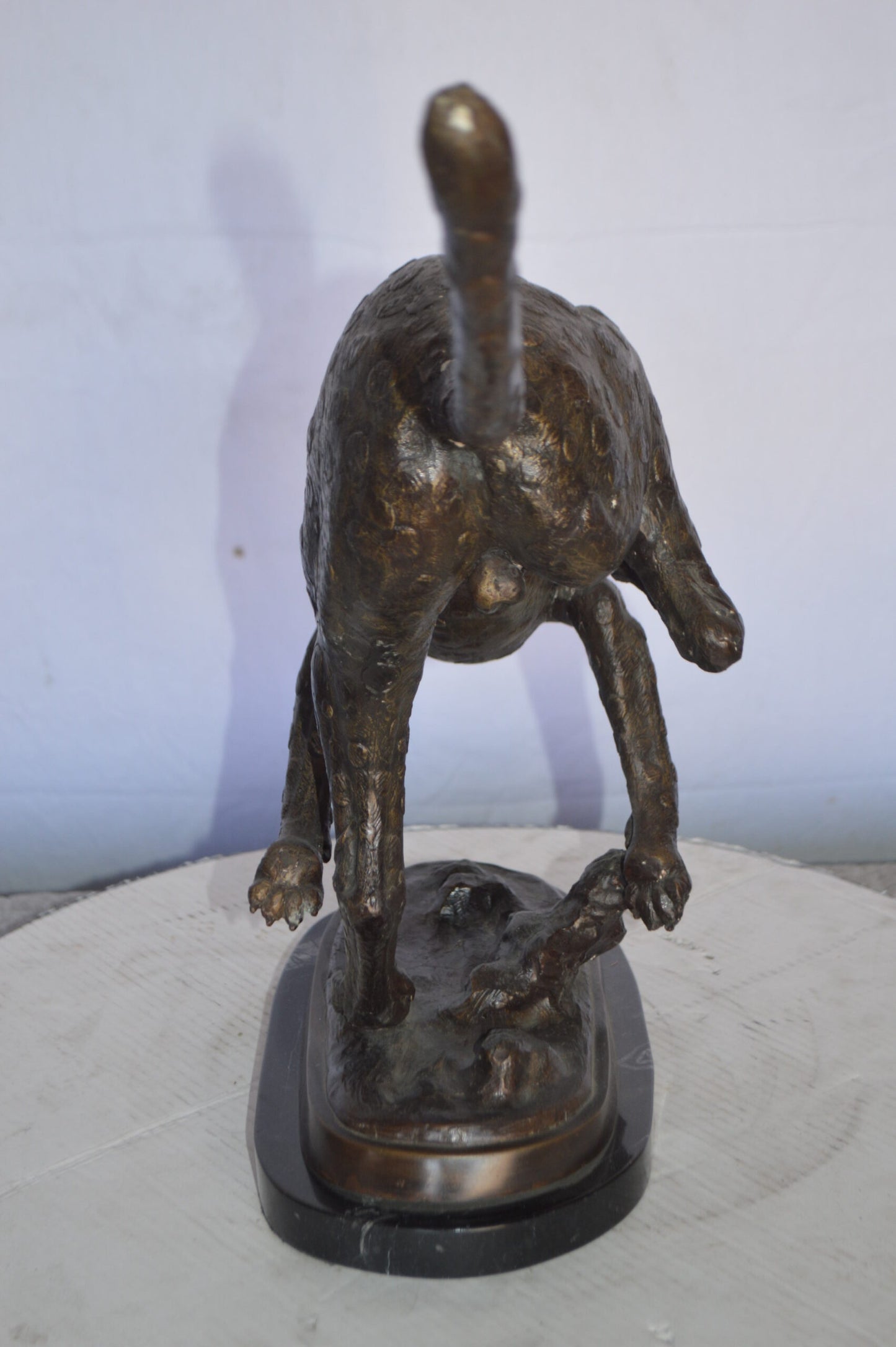 Cheetah Running Bronze Statue on a Marble Base -  Size: 30"L x 9"W x 19"H.