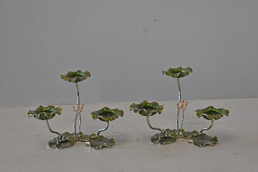 Two Sets of Candle Holders Made of Enameled Metal Size: 8" x 5" x 6"H