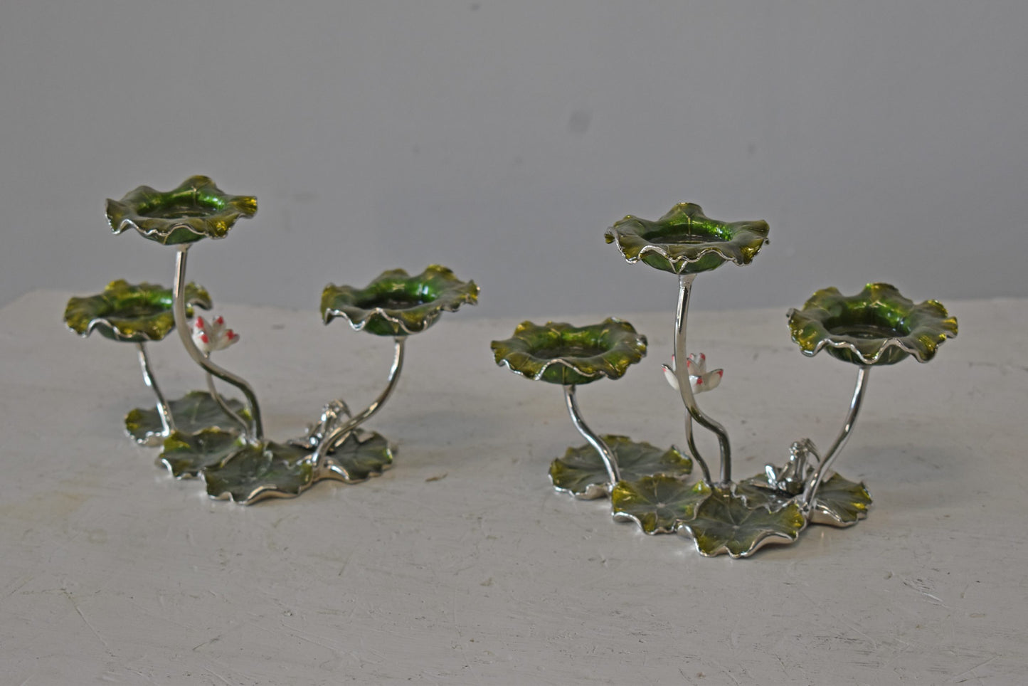 Two Sets of Candle Holders Made of Enameled Metal Size: 8" x 5" x 6"H