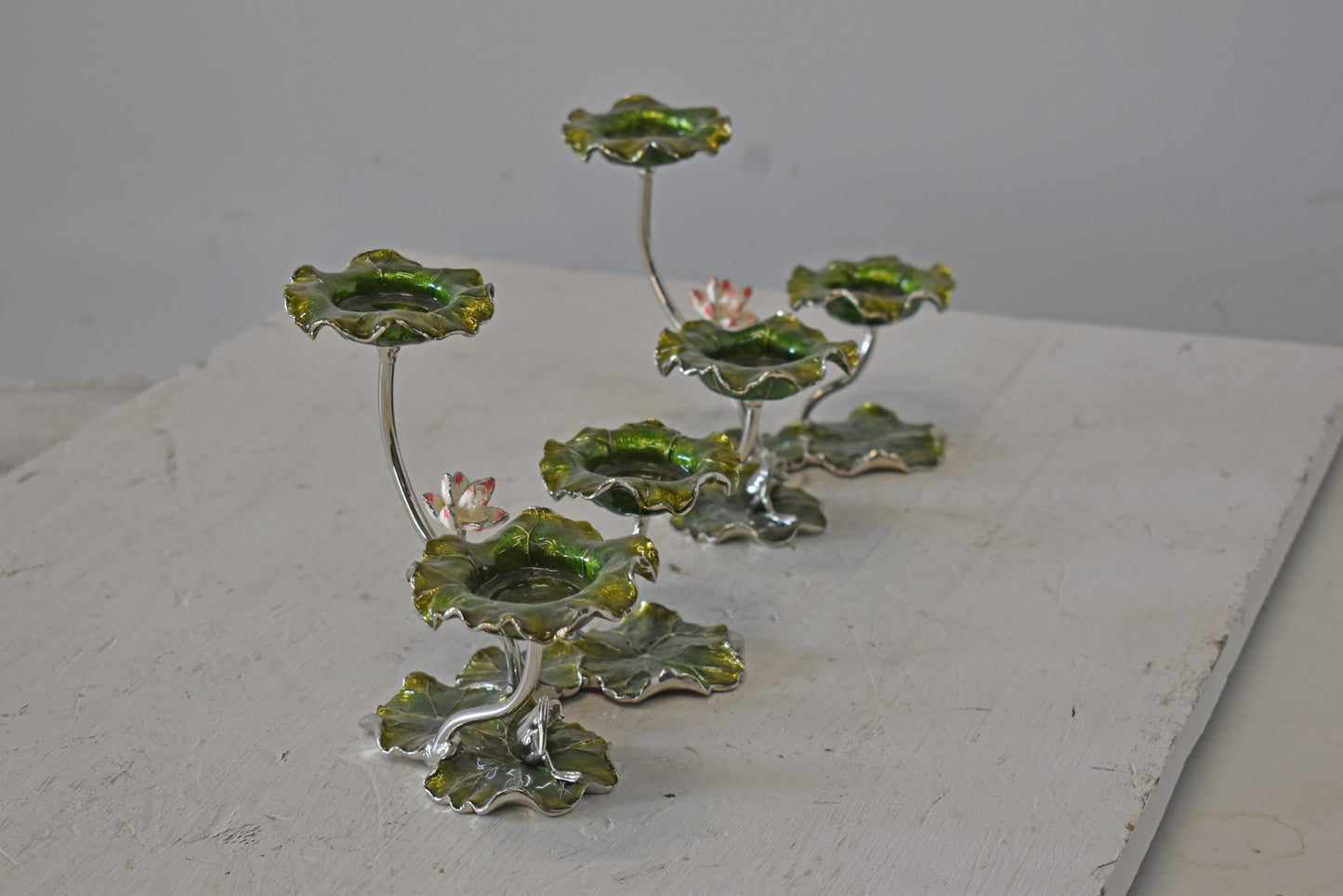 Two Sets of Candle Holders Made of Enameled Metal Size: 8" x 5" x 6"H