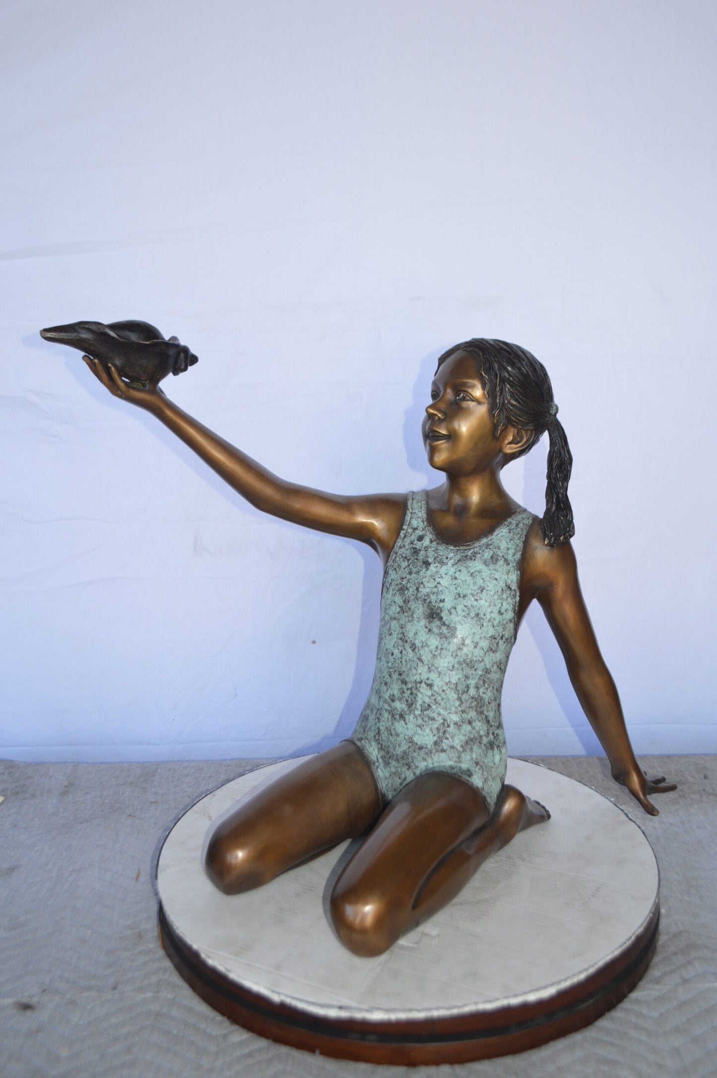 Sitting Girl Holding Shell Bronze Statue Fountain -  Size: 32"L x 22"W x 25"H.