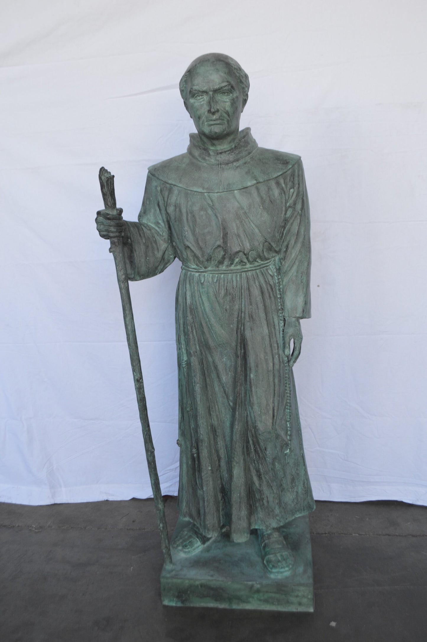 St. Serra Bronze Statue Green Patina -  Size: 22"L x 19"W x 62"H.