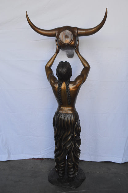 Indian Man Holds a Buffalo Skull Bronze Statue -  Size: 29"L x 23"W x 72"H.