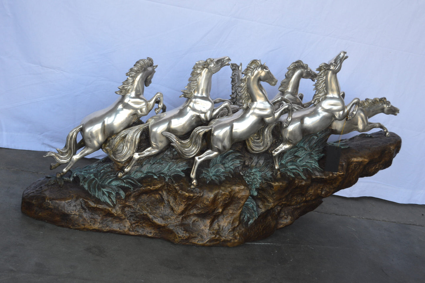 Eight Horses Running Bronze Statue Silver Finish -  Size: 59"L x 20"W x 28"H.