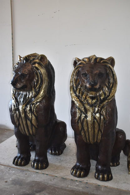 A Pair of Giant Lions with Gold Mane Bronze Statues Size: 36" x 46" x 58"H