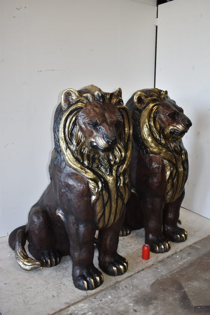 A Pair of Giant Lions with Gold Mane Bronze Statues Size: 36" x 46" x 58"H