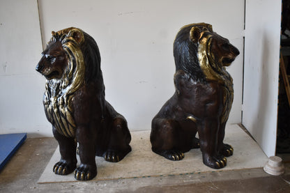 A Pair of Giant Lions with Gold Mane Bronze Statues Size: 36" x 46" x 58"H
