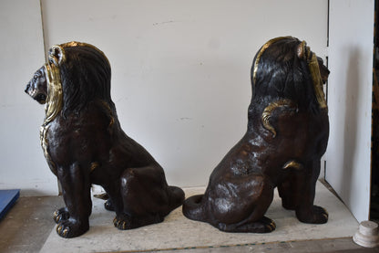 A Pair of Giant Lions with Gold Mane Bronze Statues Size: 36" x 46" x 58"H