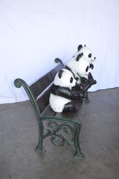 Three Panda Bears Sitting on Bench Bronze Statue -  Size: 53"L x 28"W x 36"H.