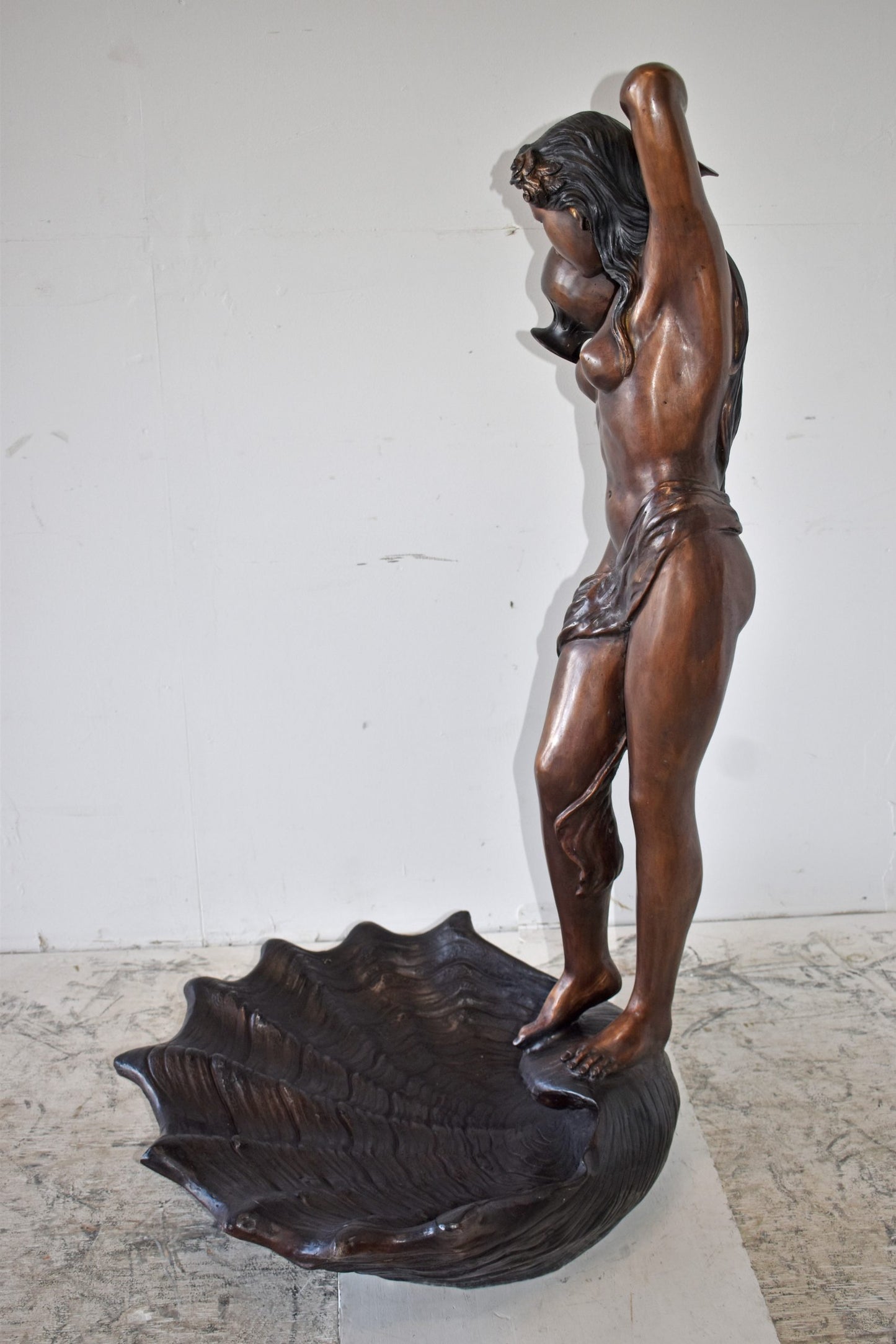 Lady Holds A Vase Standing on A Shell Bronze Fountain Size: 32" x 31" x 55"H