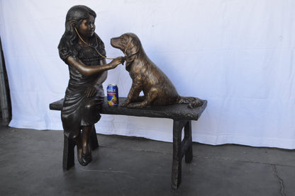 Girl plays Doctor on a Bench W Dog Bronze Statue -  Size: 38"L x 18"W x 39"H.