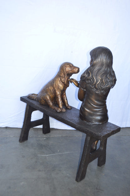 Girl plays Doctor on a Bench W Dog Bronze Statue -  Size: 38"L x 18"W x 39"H.