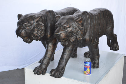 Pair Of Tigers Bronze Statues -  Size: 52"L x 10"W x 21"H.