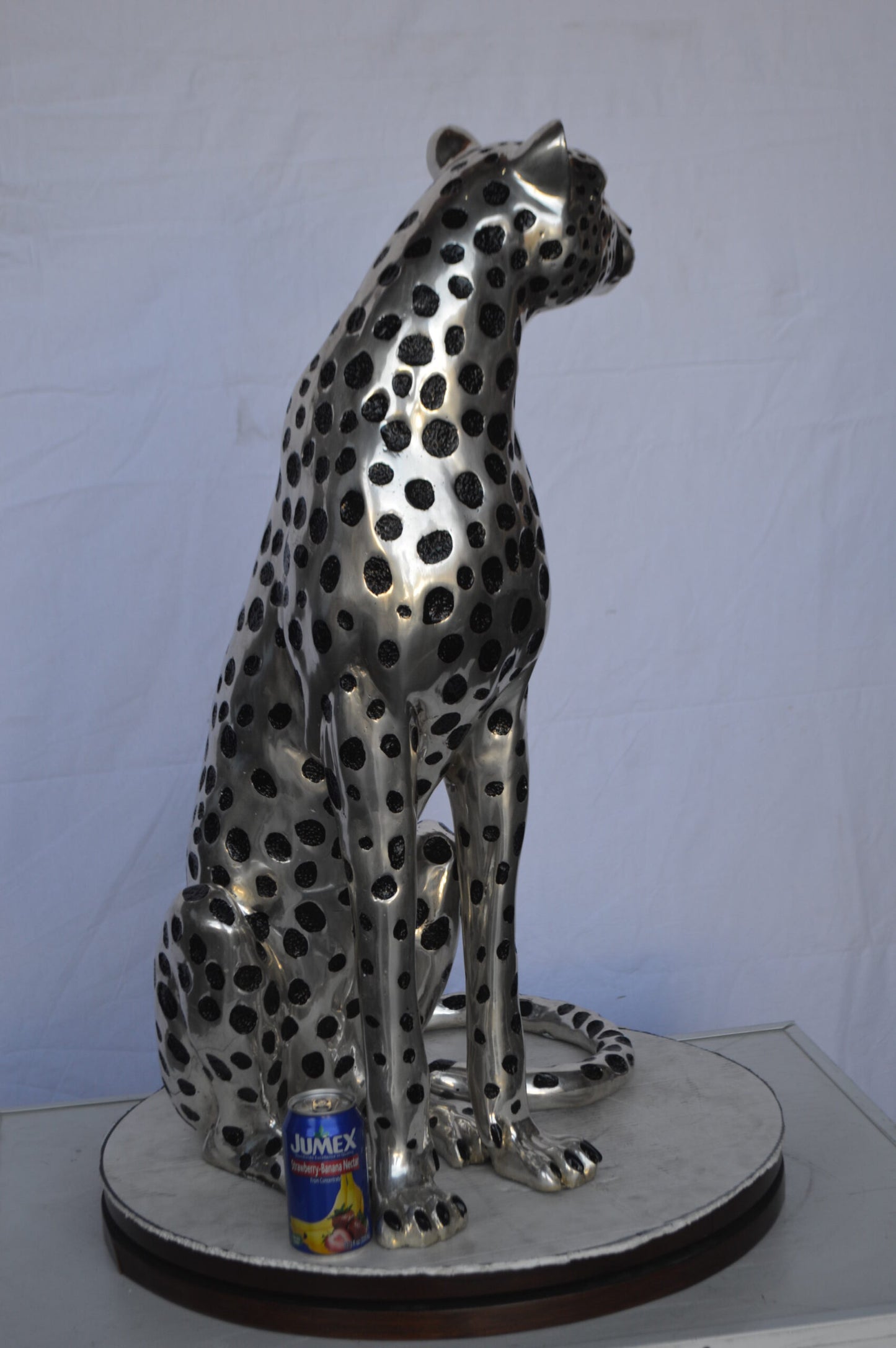 Sitting Cheetah Bronze Statue Silver Finish -  Size: 21"L x 21"W x 34"H.