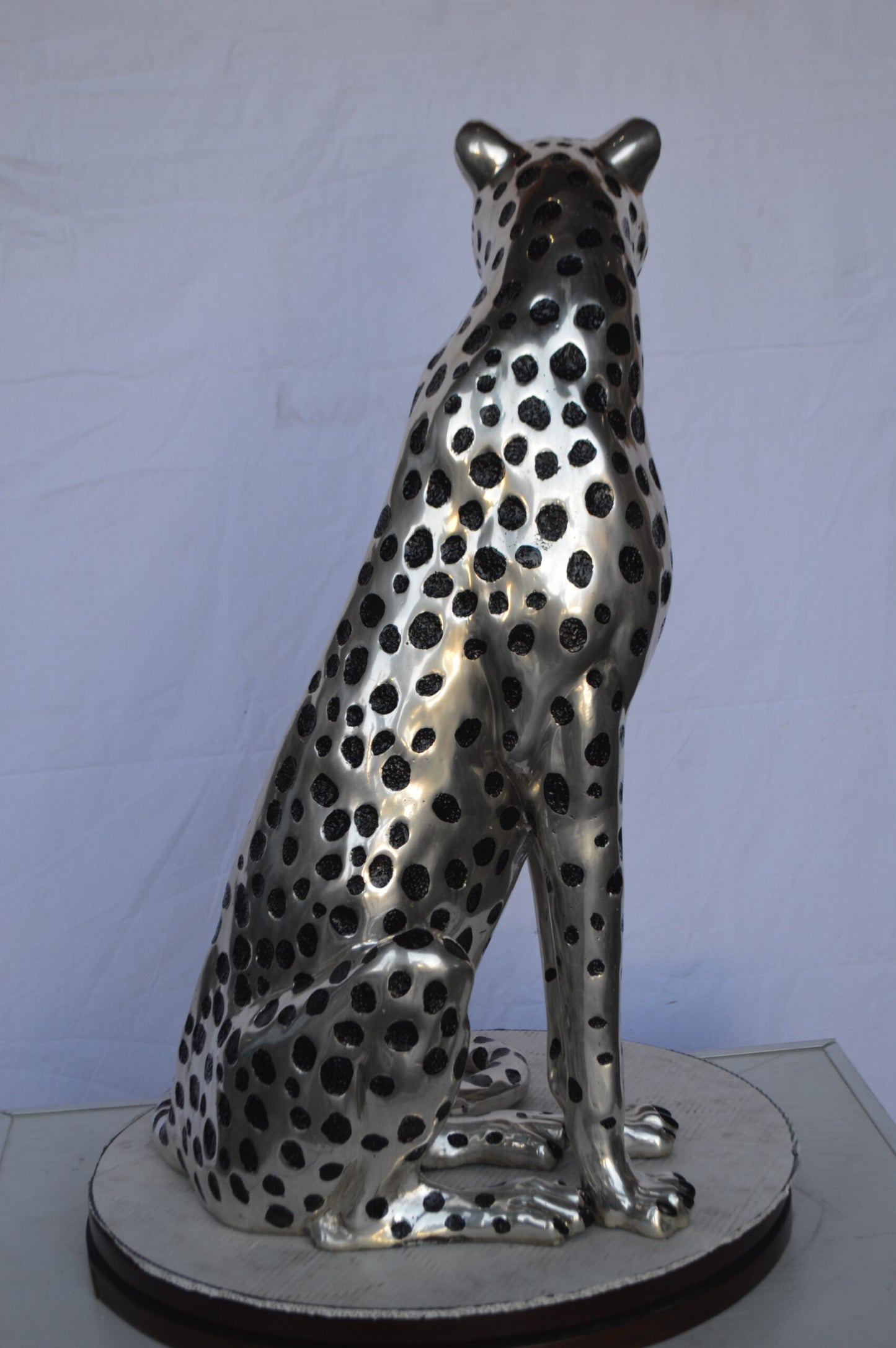 Sitting Cheetah Bronze Statue Silver Finish -  Size: 21"L x 21"W x 34"H.