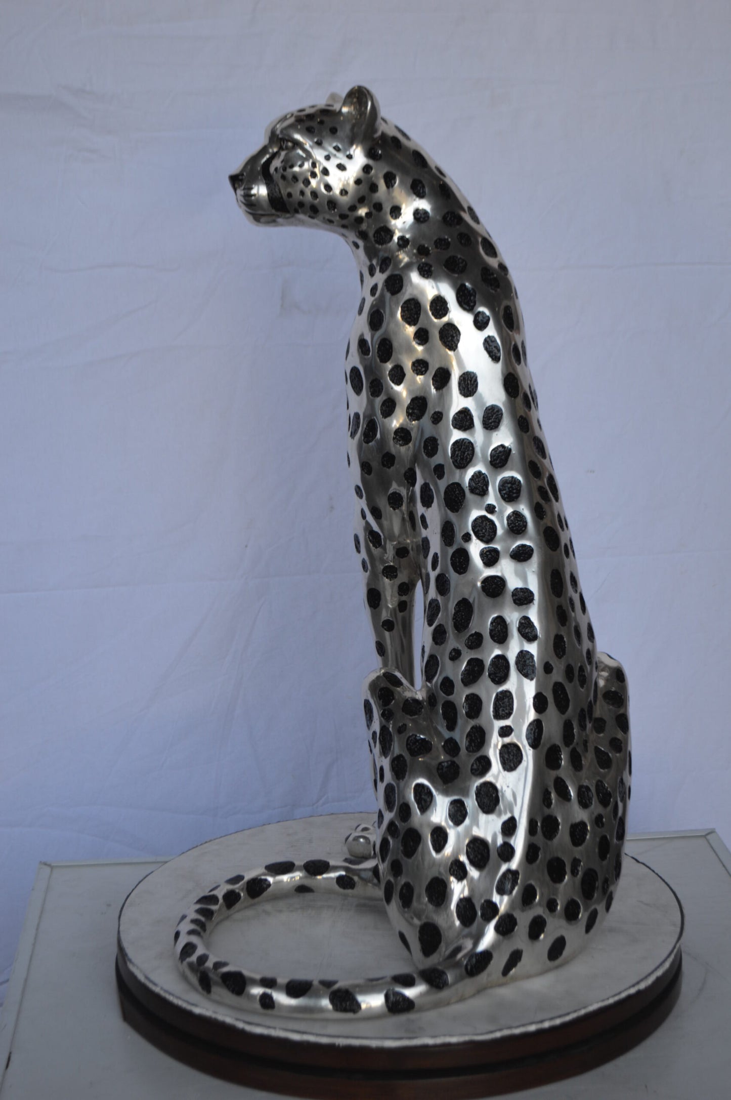 Sitting Cheetah Bronze Statue Silver Finish -  Size: 21"L x 21"W x 34"H.