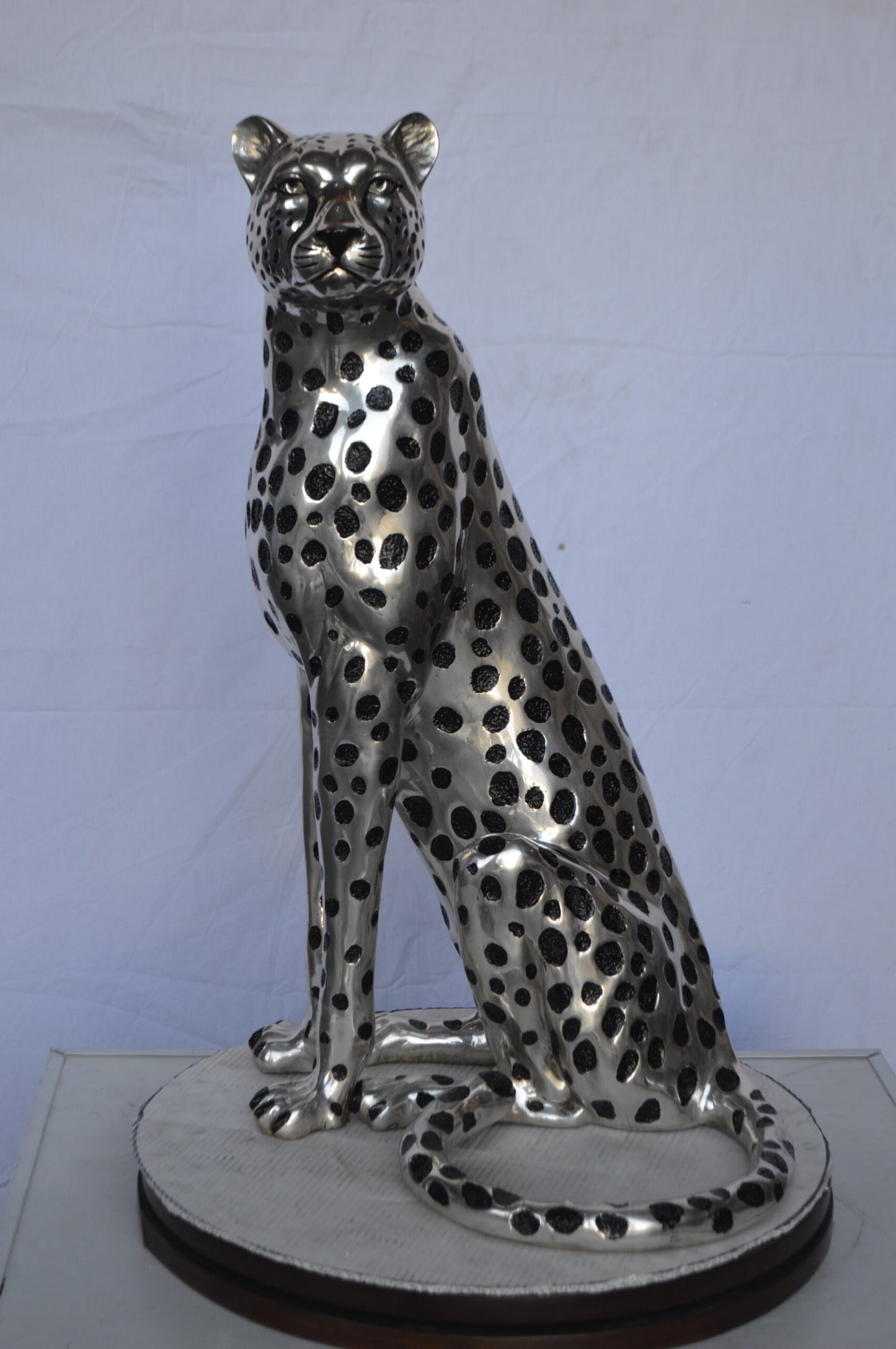 Sitting Cheetah Bronze Statue Silver Finish -  Size: 21"L x 21"W x 34"H.