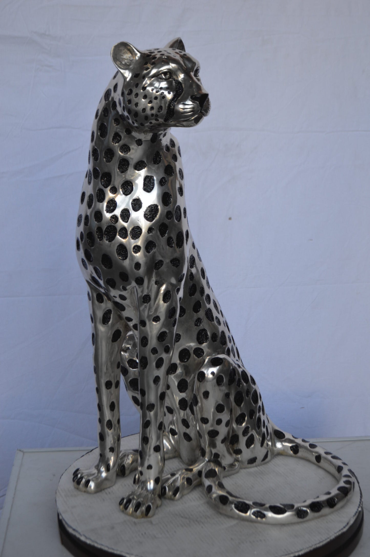 Sitting Cheetah Bronze Statue Silver Finish -  Size: 21"L x 21"W x 34"H.
