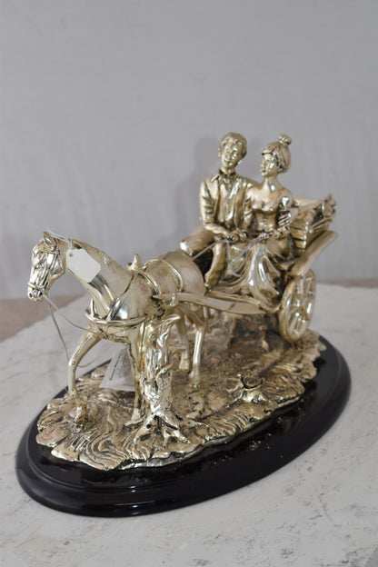 Horse With Carriage Resin Statue with Silver Coating Size: 17" x 10" x 10"H