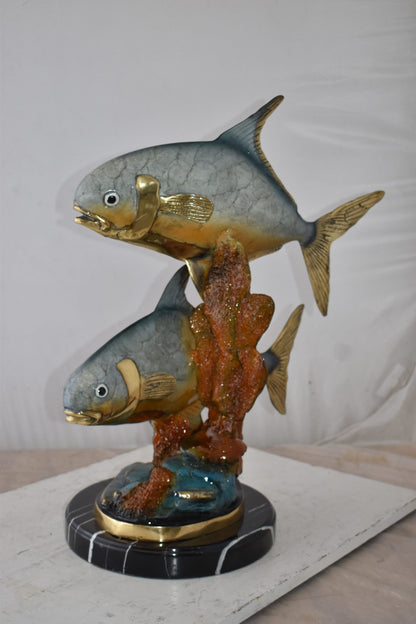 Two Permit Fish Swimming in The Ocean Bronze Statue Size: 13" x 19" x 25"H