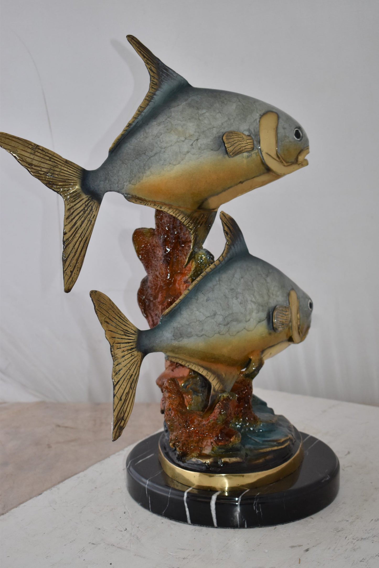 Two Permit Fish Swimming in The Ocean Bronze Statue Size: 13" x 19" x 25"H