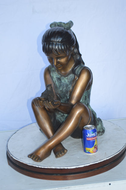 Girl Knees Up Holding a Bird Bronze Statue -  Size: 22"L x 14"W x 24"H