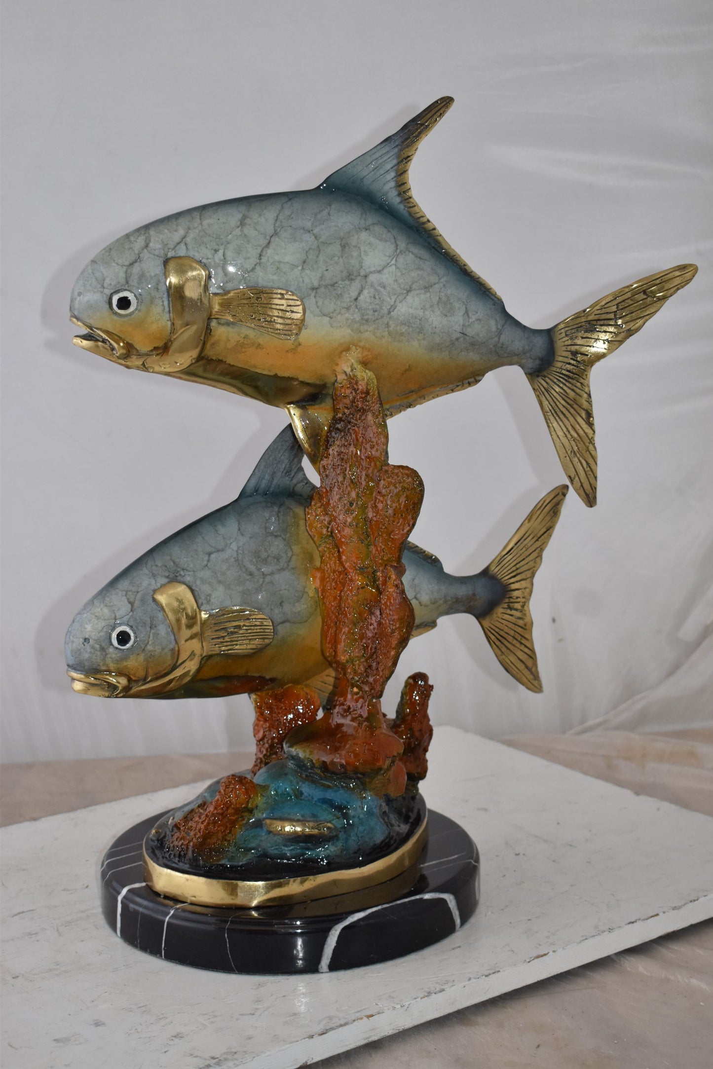 Two Permit Fish Swimming in The Ocean Bronze Statue Size: 13" x 19" x 25"H
