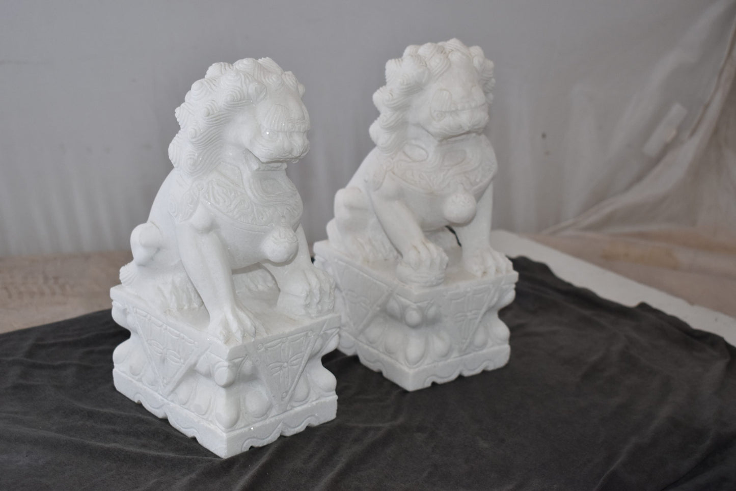 A Pair of Marble Statues of Foo Dogs Size: 5" x 6" x 12"H
