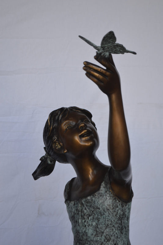 Girl on A Leaf Playing with Butterfly Bronze State -  Size: 27"L x 15"W x 45"H.
