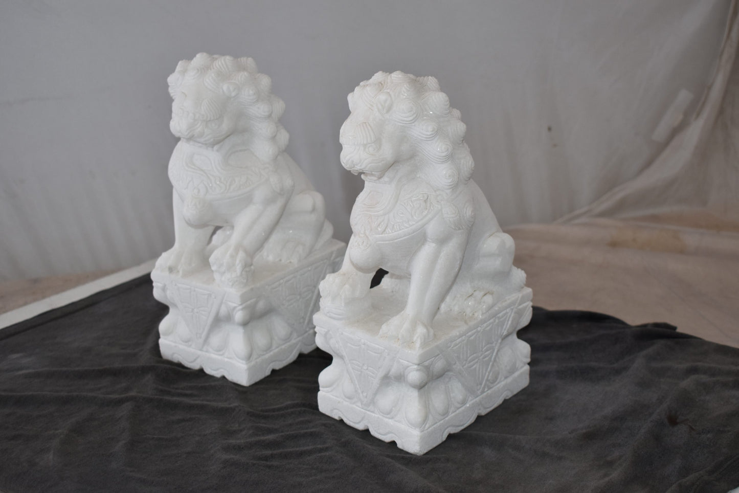 A Pair of Marble Statues of Foo Dogs Size: 5" x 6" x 12"H