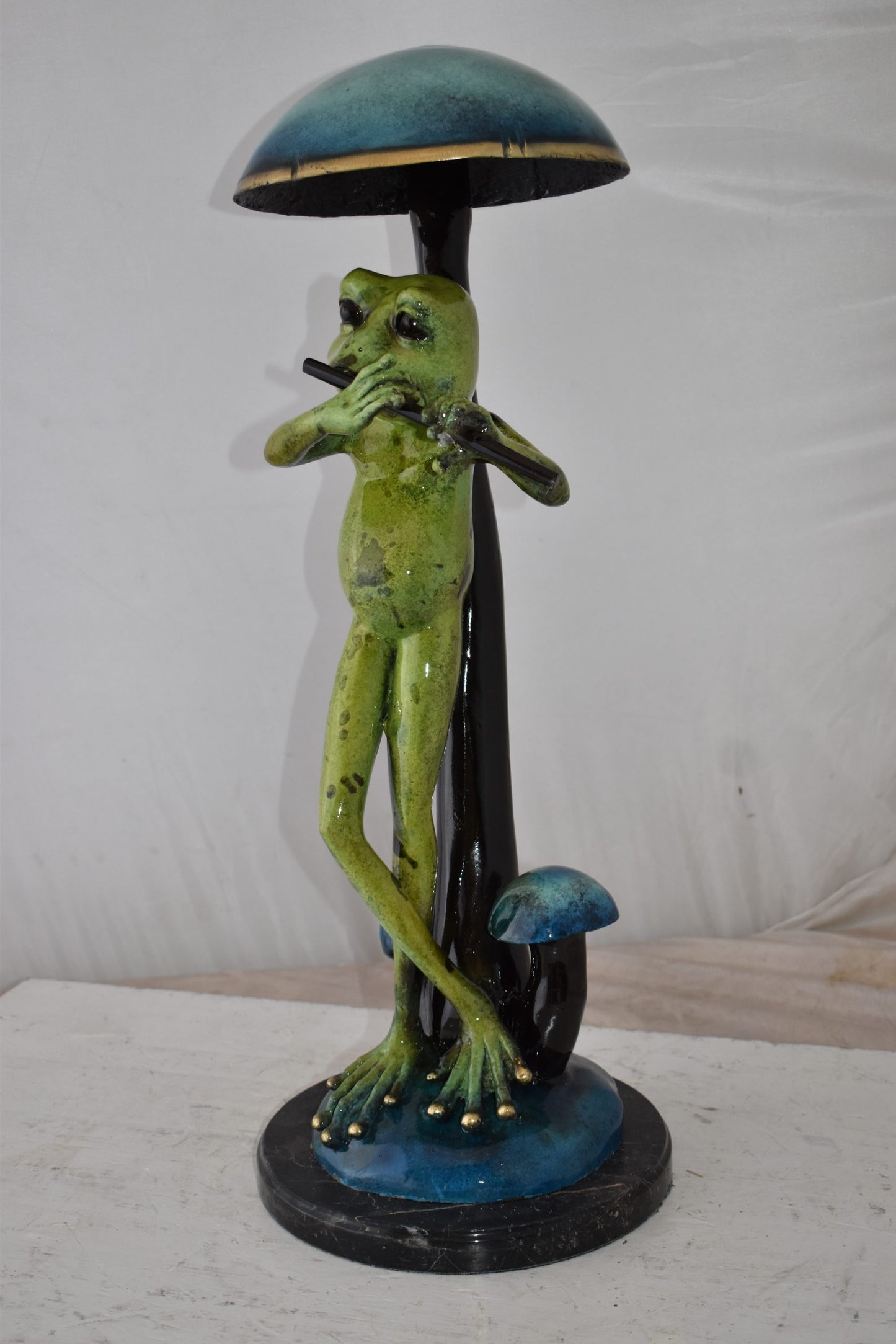 Musical Green Frog Playing the Flute Bronze Statue Size: 14" x 12" x 27"H