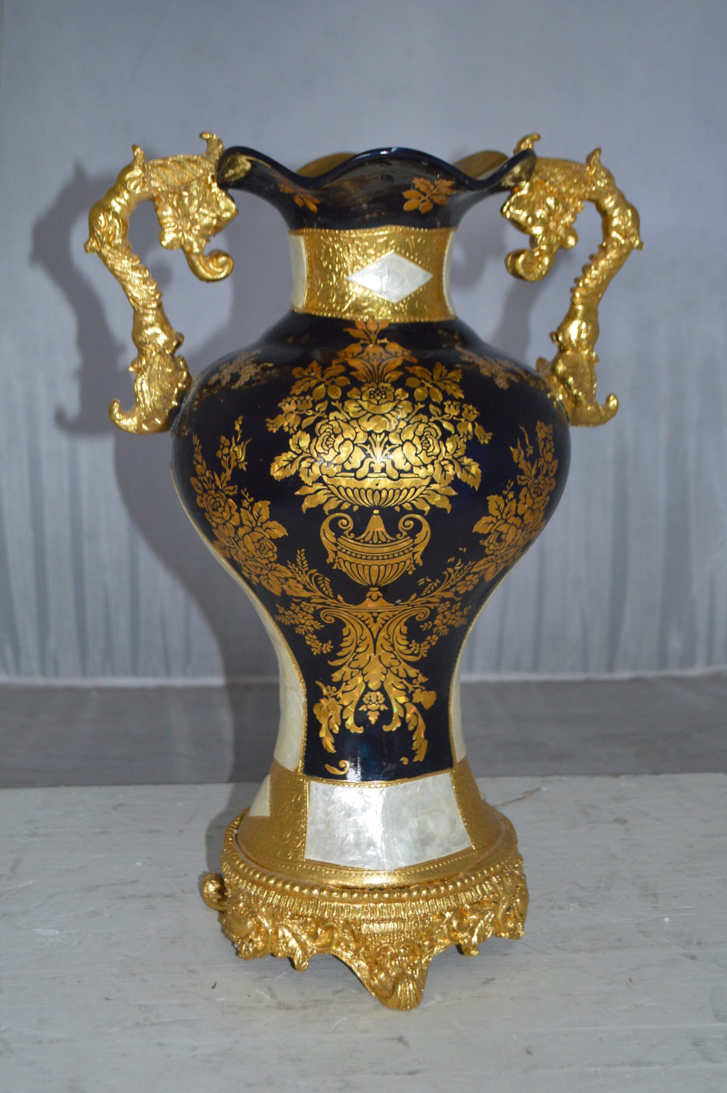 Decoration Vase 18" H Blue White and Gold -  Size: 7"L x 12"W x 18"H.
