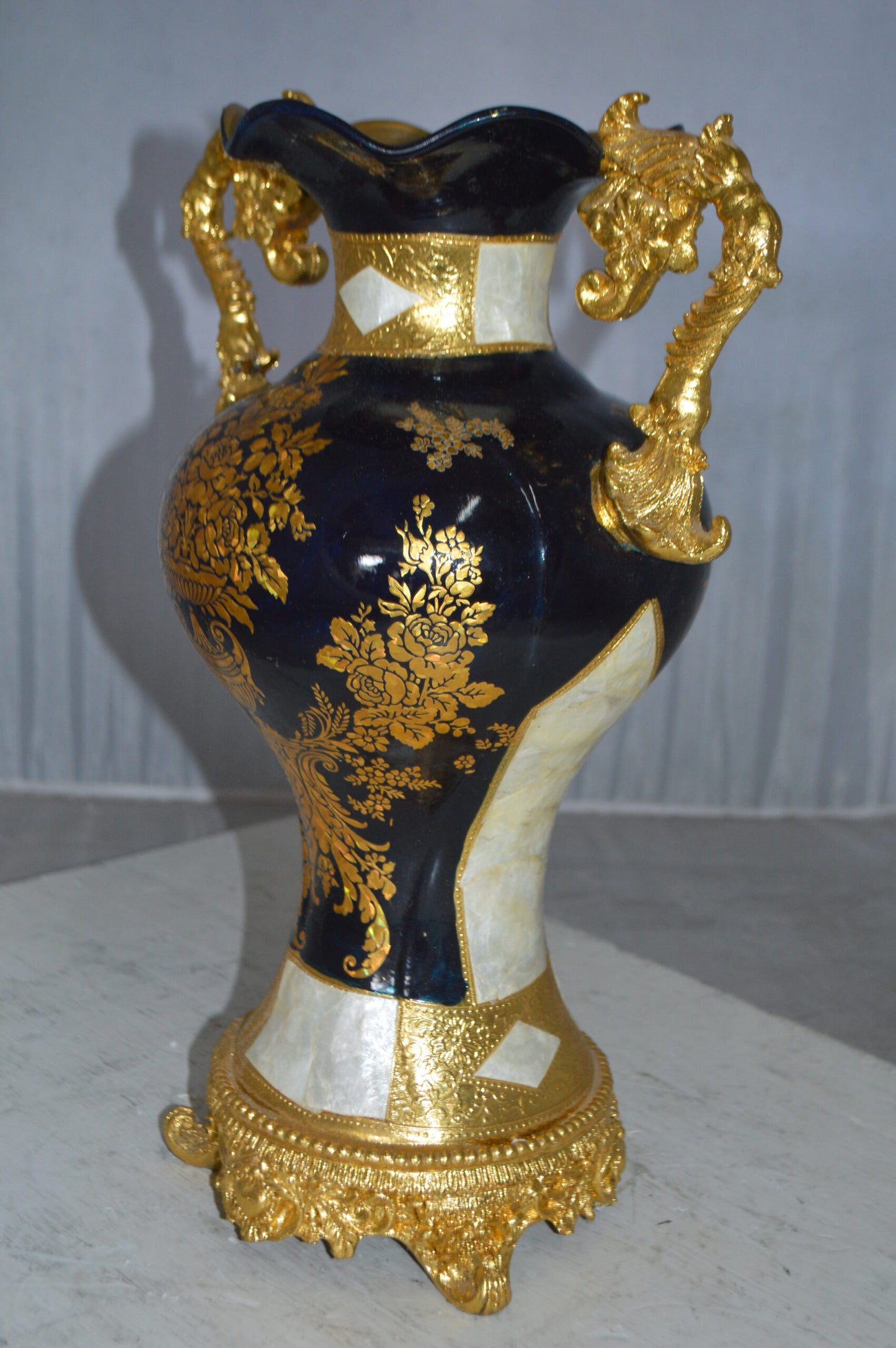 Decoration Vase 18" H Blue White and Gold -  Size: 7"L x 12"W x 18"H.